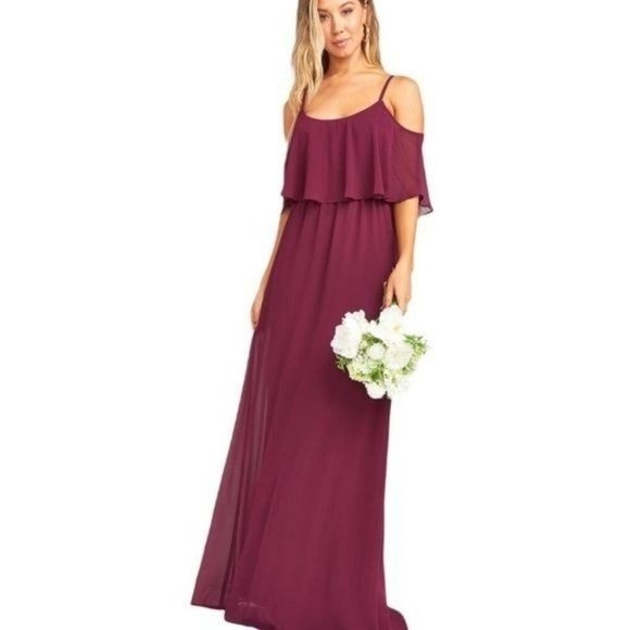 Show Me Your Mumu Caitlin Ruffle Maxi Dress in Merlot Chiffon Size S NWT - Picture 2 of 7